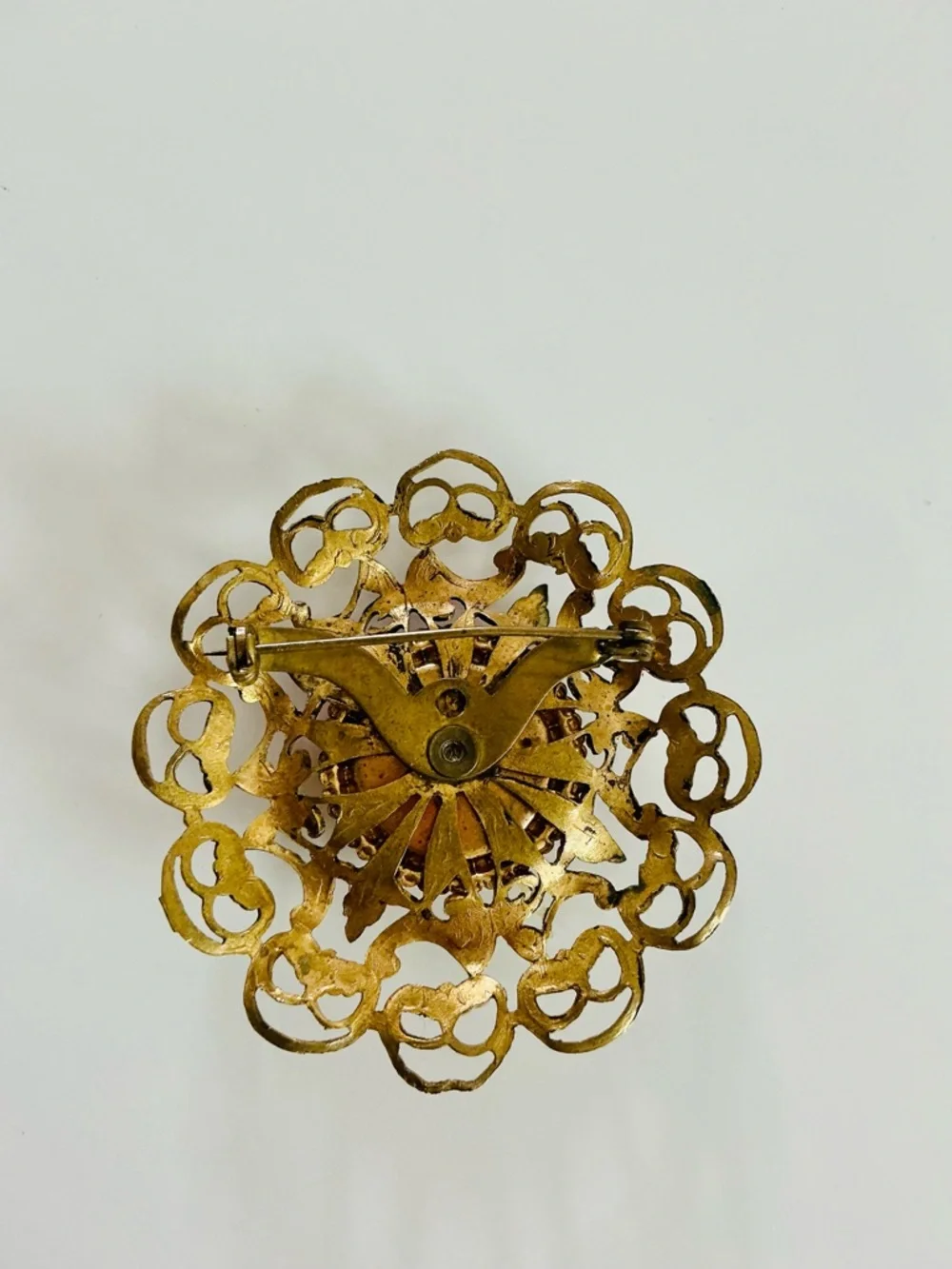 Vintage Filigree Round Brooch with Coral Cabochon Renaissance Revival Retro EUC